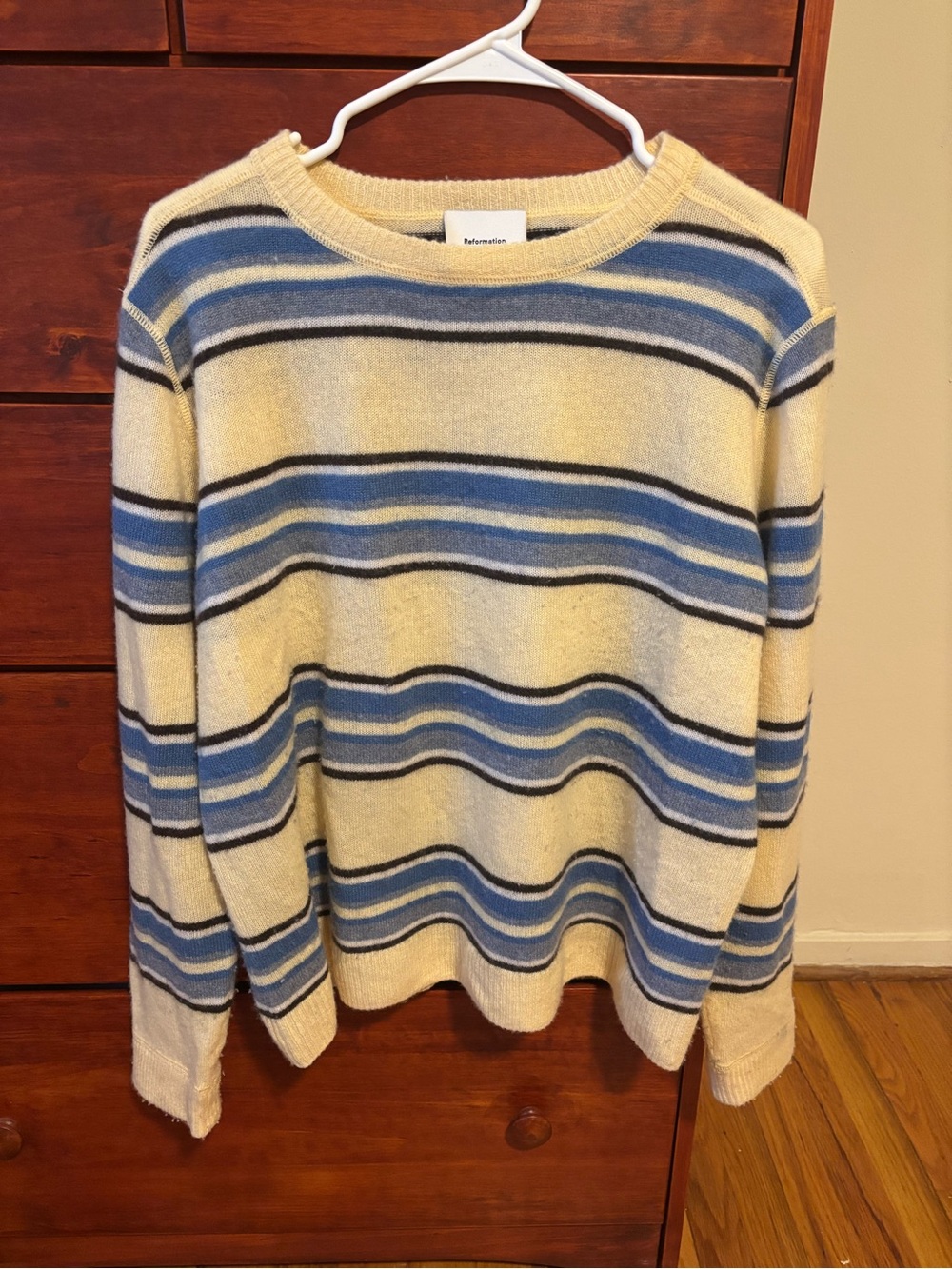 Reformation Cashmere Boyfriend Sweater Cream, Blue and Navy Striped